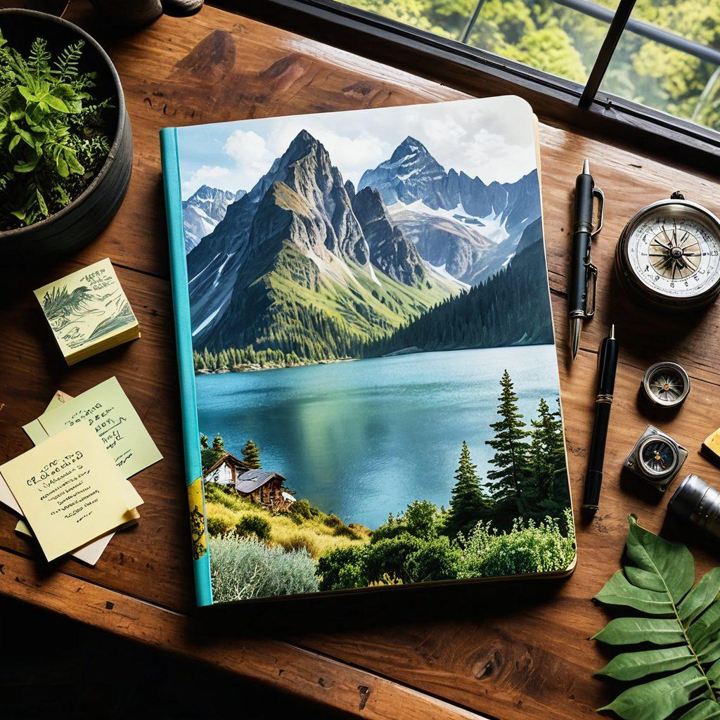 A beautifully designed journey journal open on a rustic wooden table, filled with vibrant sketches of mountains, oceans, and travel destinations. Include colorful post-it notes and a vintage compass beside it, symbolizing adventure and exploration. A warm light filters in through a window illuminating the pages, evoking a sense of nostalgia and discovery. The backdrop features a soft blurred landscape of greenery to enhance the adventurous theme. super-realistic. vibrant colors. natural light.