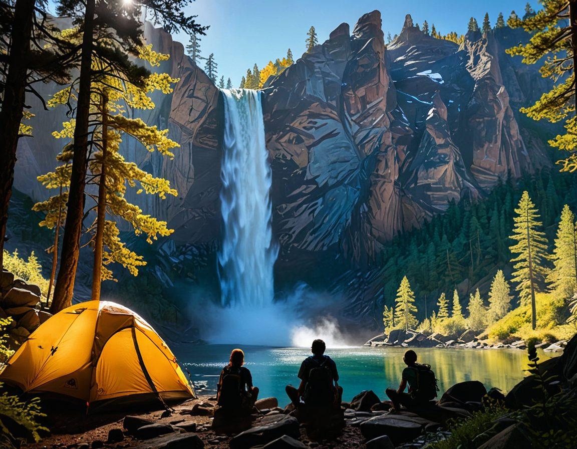 A breathtaking wilderness scene showcasing a rugged mountain range under a clear blue sky, with a vibrant forest in the foreground. Nestled among the trees, a cozy tent emits a warm glow, while a campfire crackles nearby. Include silhouettes of explorers with backpacks, marveling at a cascading waterfall in the distance, enhancing the sense of adventure and discovery. super-realistic. vibrant colors. atmospheric lighting.