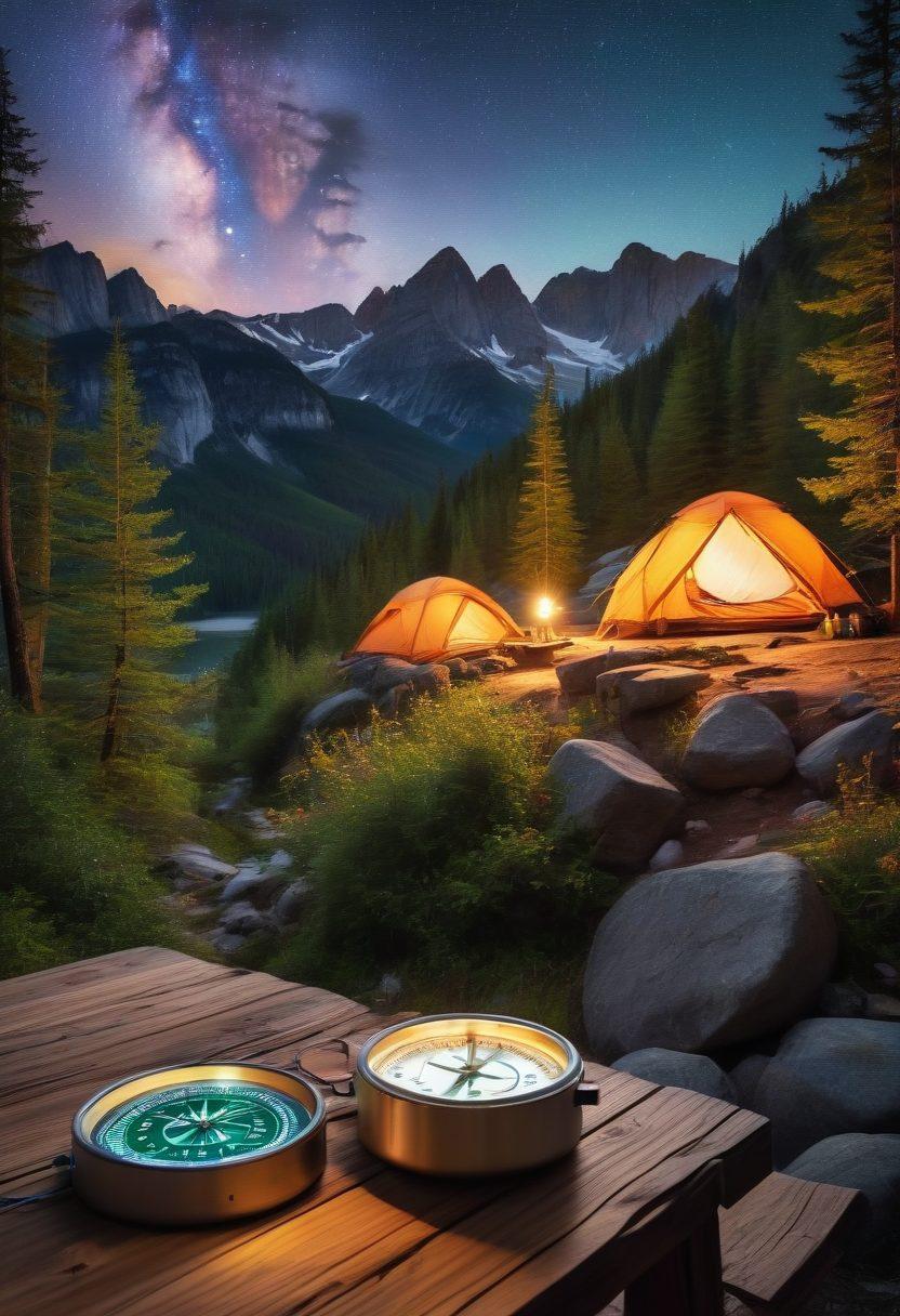 A breathtaking panoramic view of a lush green forest with rugged mountains in the background, featuring a cozy campfire surrounded by colorful tents and hiking gear. Include a starry night sky above casting a magical glow and a compass lying on a wooden table. Capture the essence of adventure and exploration. vibrant colors. super-realistic. natural setting.